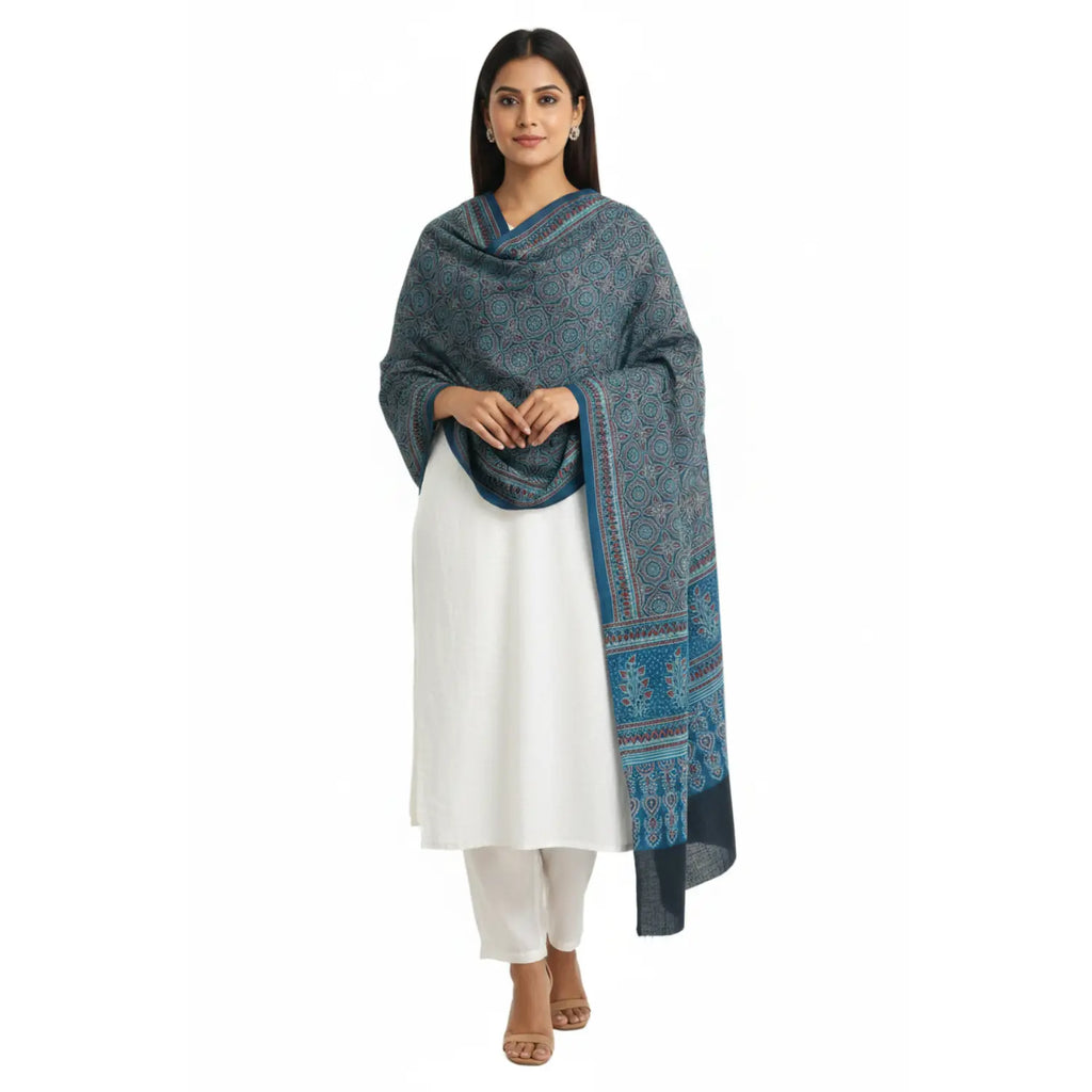 Ajrakh Hand Block Print Navy Blue Color Cotton Stole | Traditional Geometric Print | L210 X W55 cm
