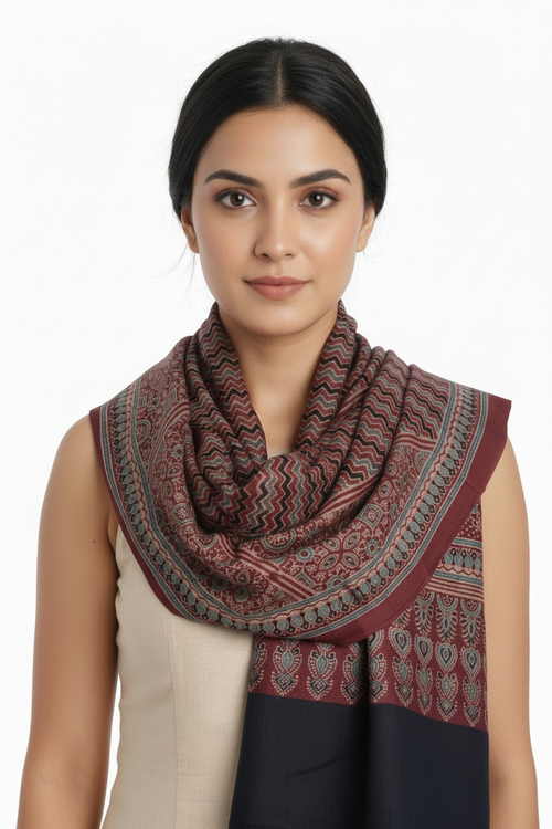 Ajrakh Hand Block Print Maroon Color Cotton Stole | Traditional Geometric Print | L210 X W55 cm