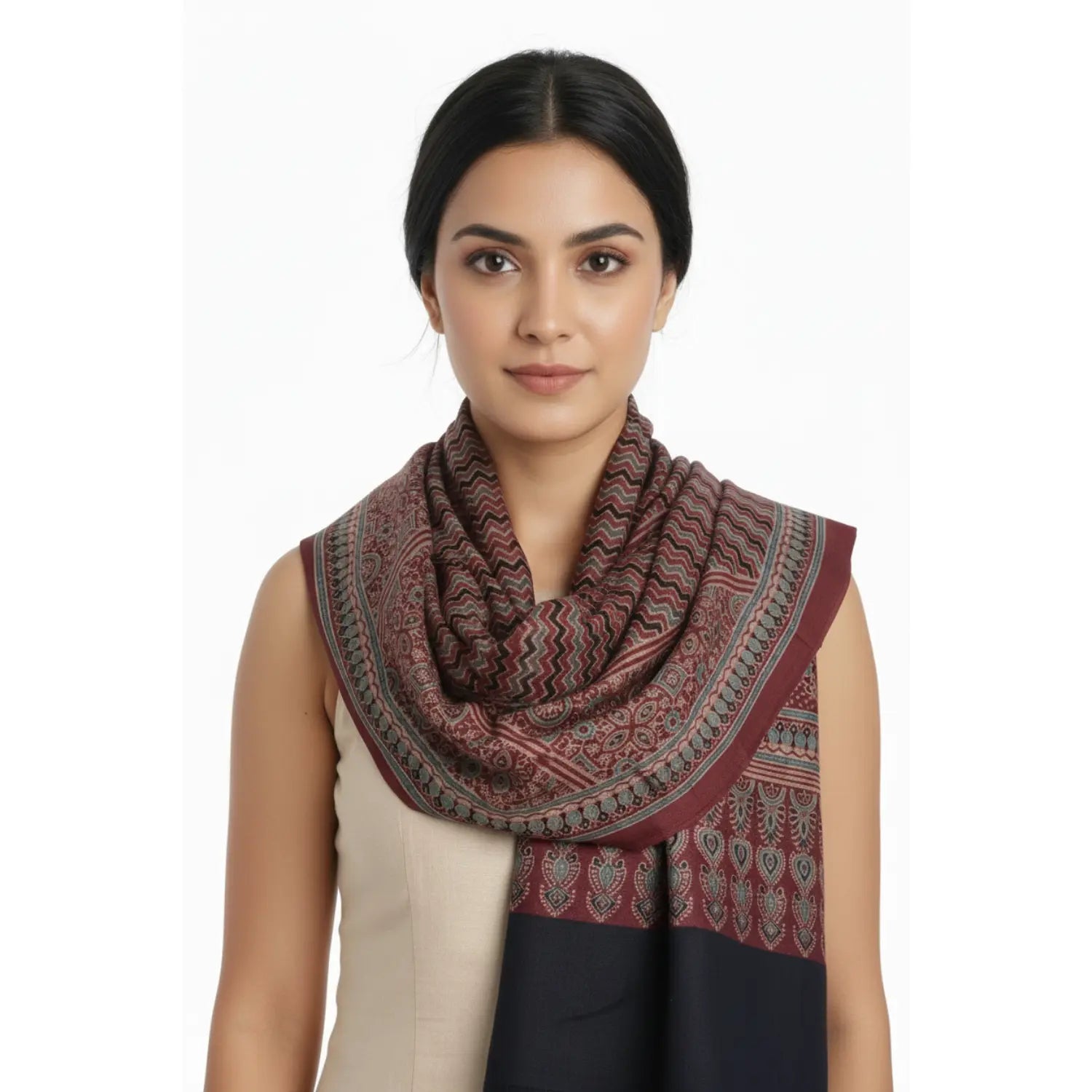 Ajrakh Hand Block Print Maroon Color Cotton Stole | Traditional Geometric Print | L210 X W55 cm