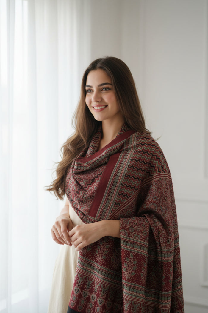 Ajrakh Hand Block Print Maroon Color Cotton Stole | Traditional Geometric Print | L210 X W55 cm