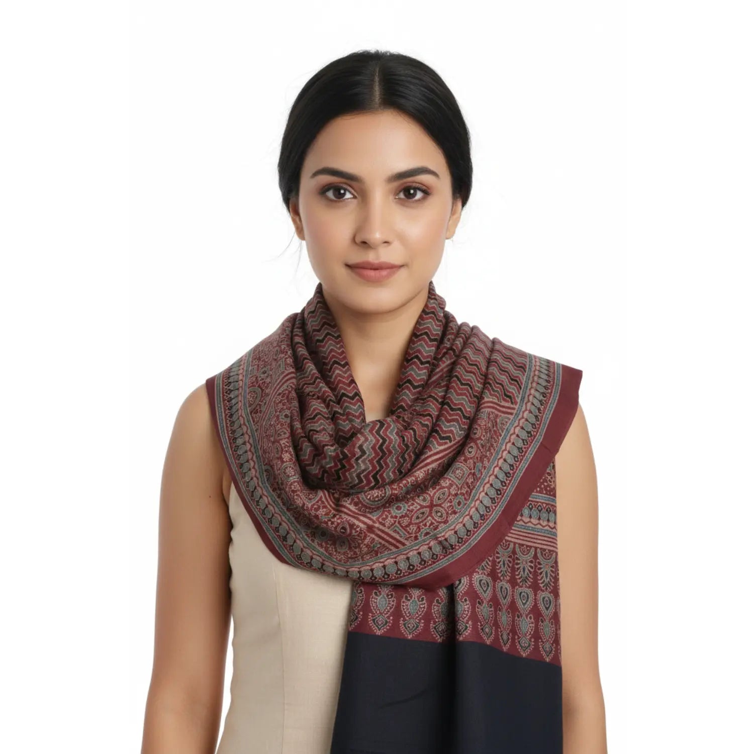 Ajrakh Hand Block Print Maroon Color Cotton Stole | Traditional Geometric Print | L210 X W55 cm