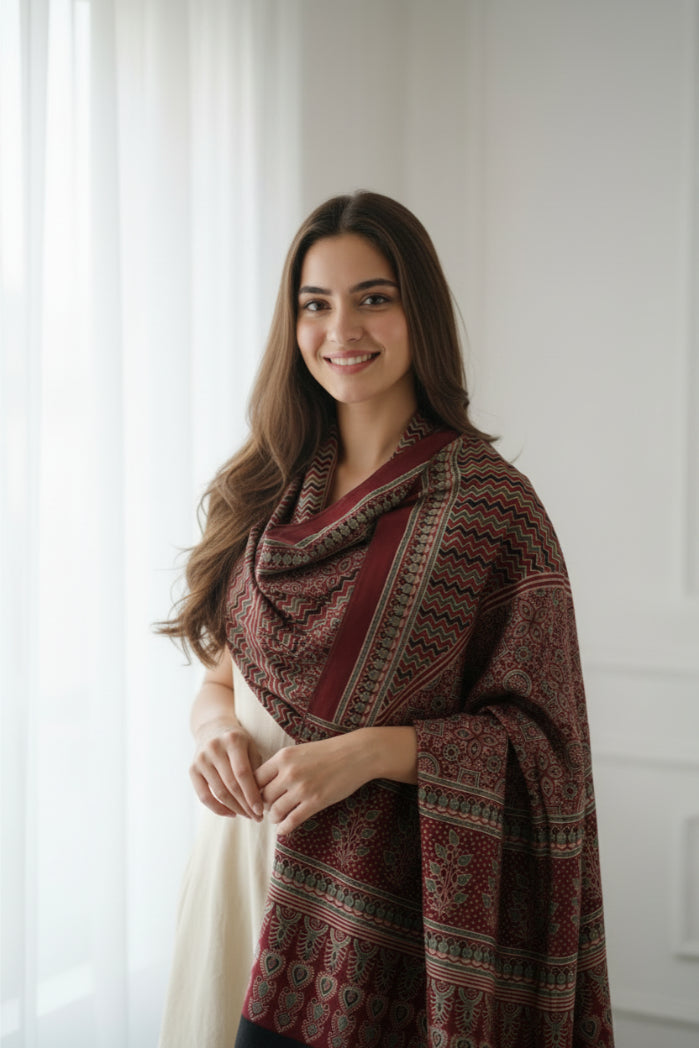 Ajrakh Hand Block Print Maroon Color Cotton Stole | Traditional Geometric Print | L210 X W55 cm