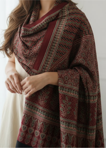 Ajrakh Hand Block Print Maroon Color Cotton Stole | Traditional Geometric Print | L210 X W55 cm