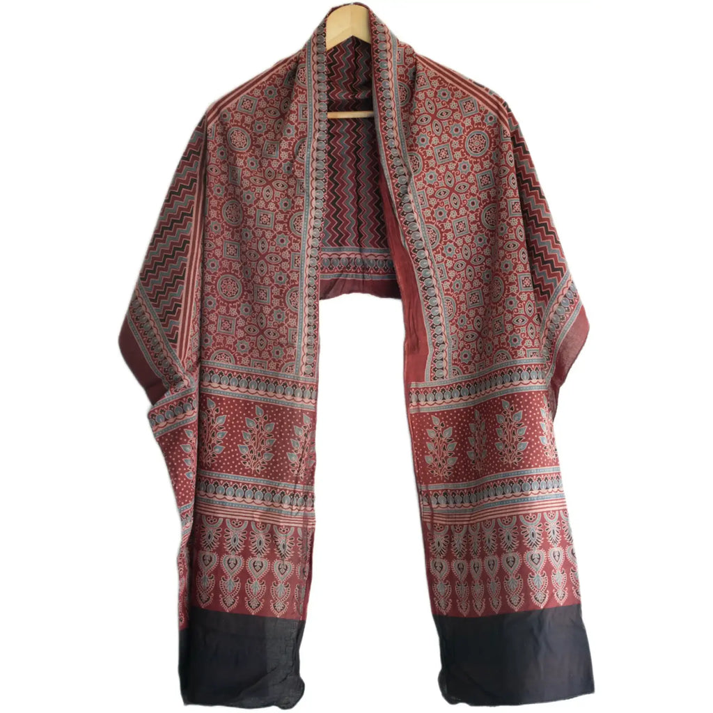 Ajrakh Hand Block Print Maroon Color Cotton Stole | Traditional Geometric Print | L210 X W55 cm