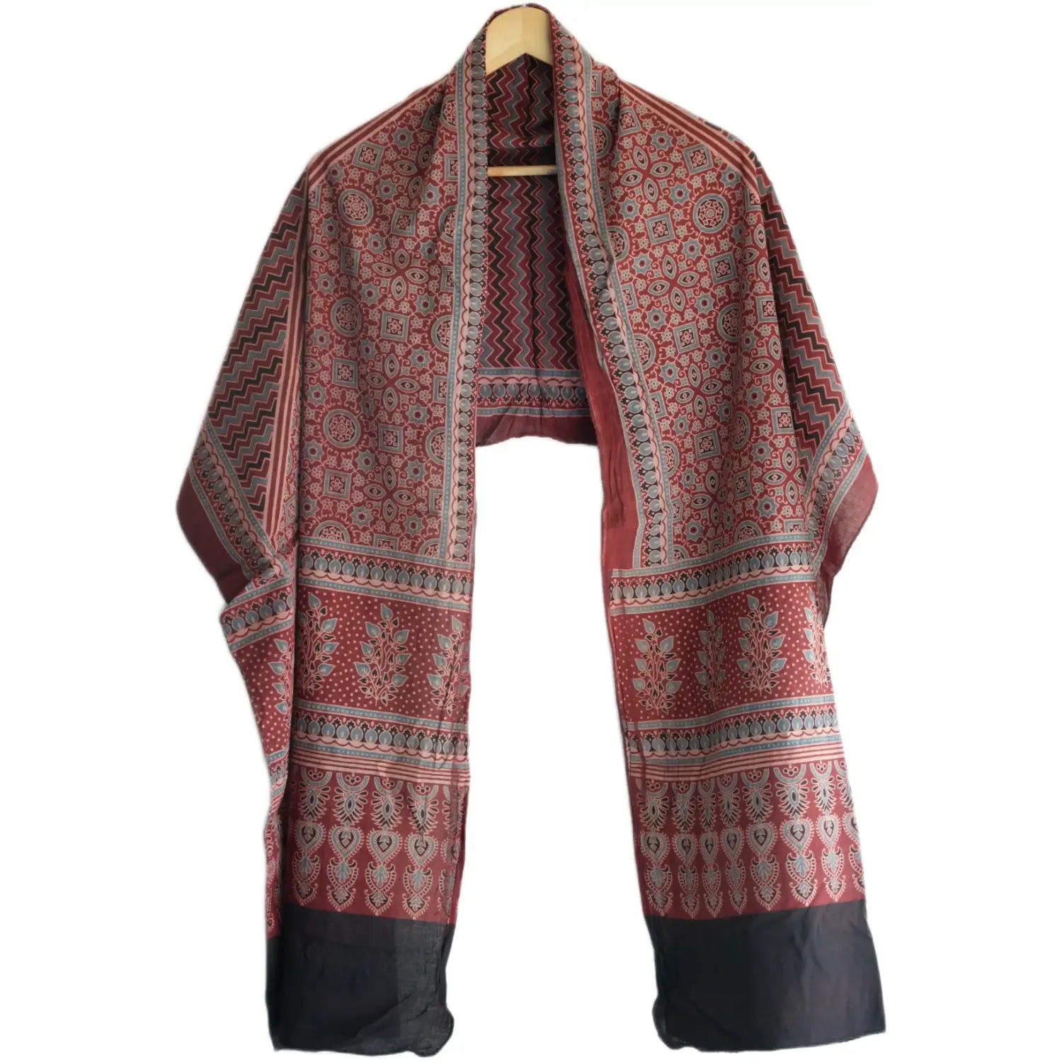 Ajrakh Hand Block Print Maroon Color Cotton Stole | Traditional Geometric Print | L210 X W55 cm