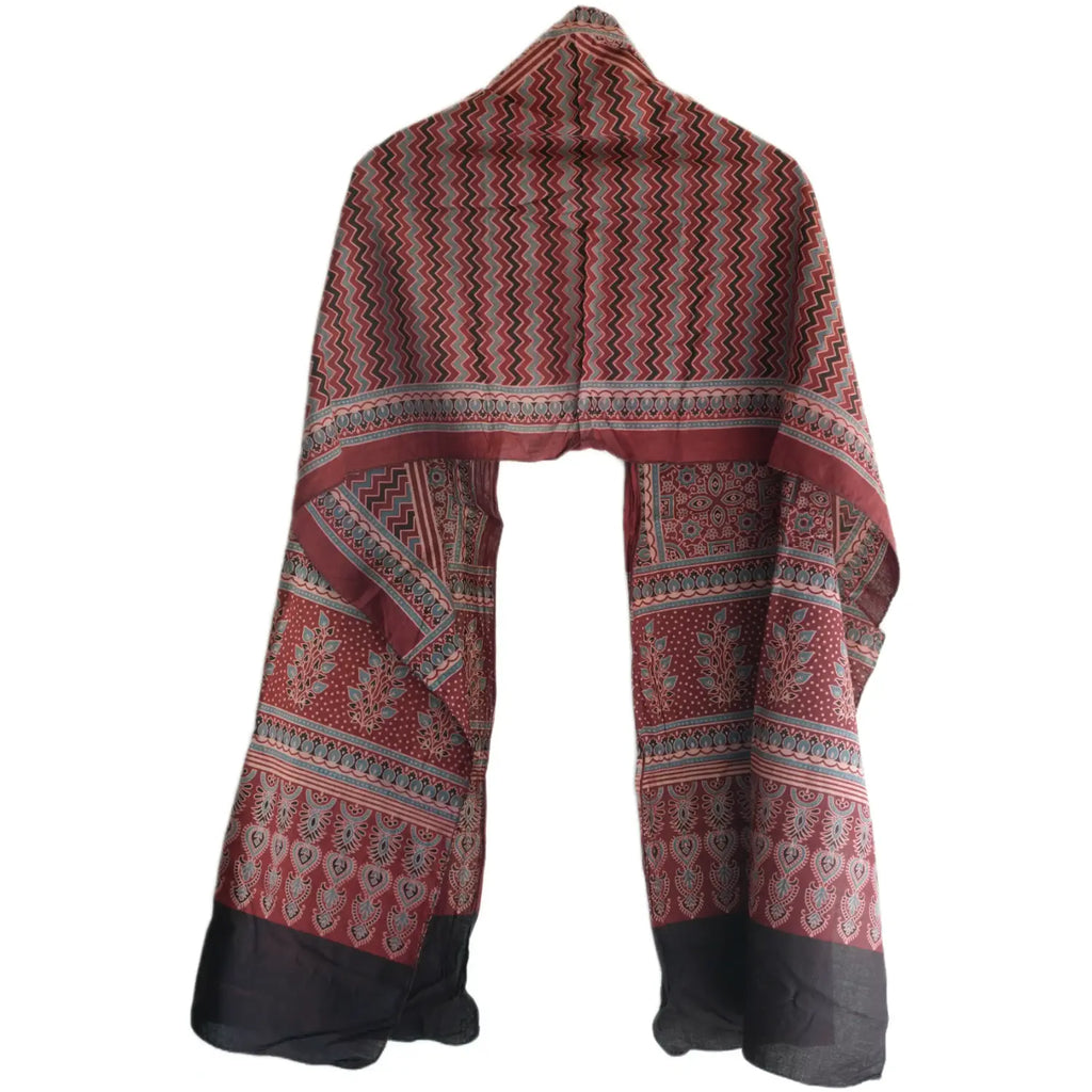 Ajrakh Hand Block Print Maroon Color Cotton Stole | Traditional Geometric Print | L210 X W55 cm