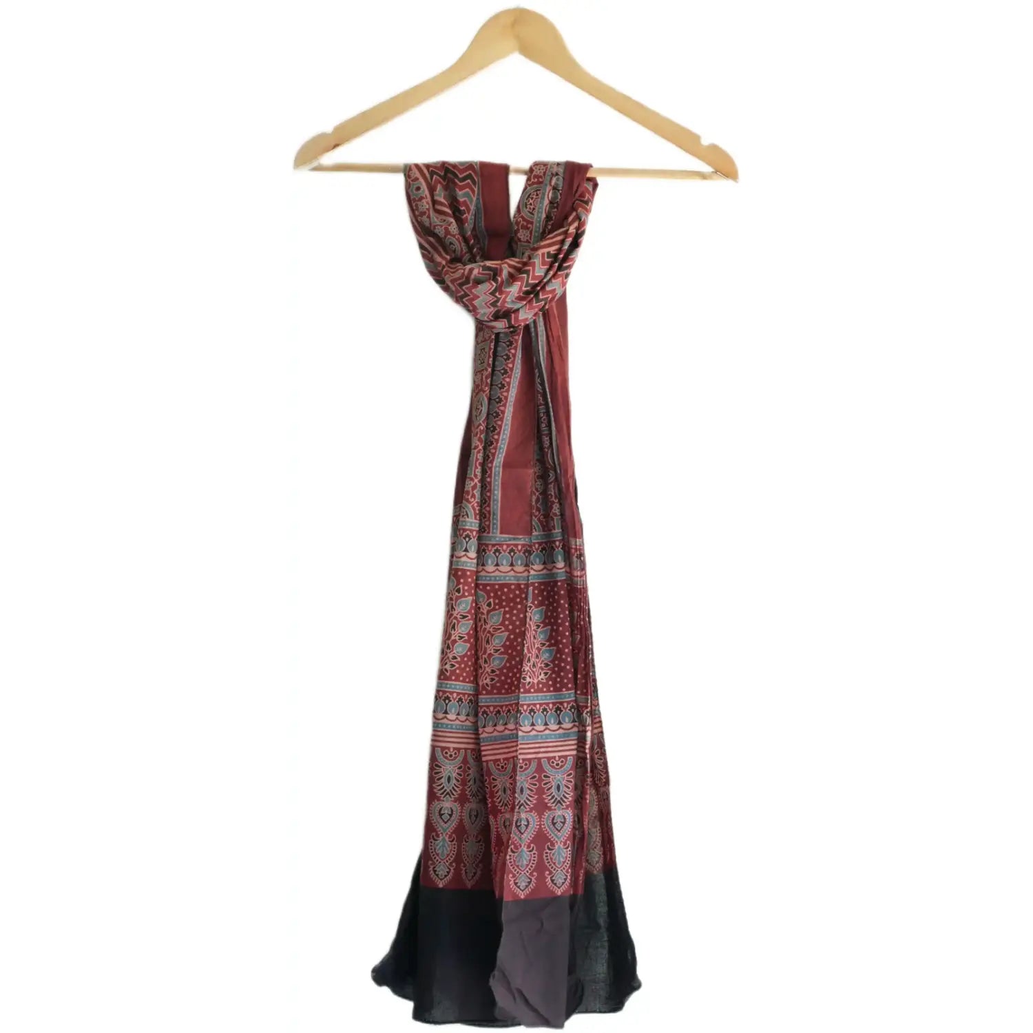 Ajrakh Hand Block Print Maroon Color Cotton Stole | Traditional Geometric Print | L210 X W55 cm