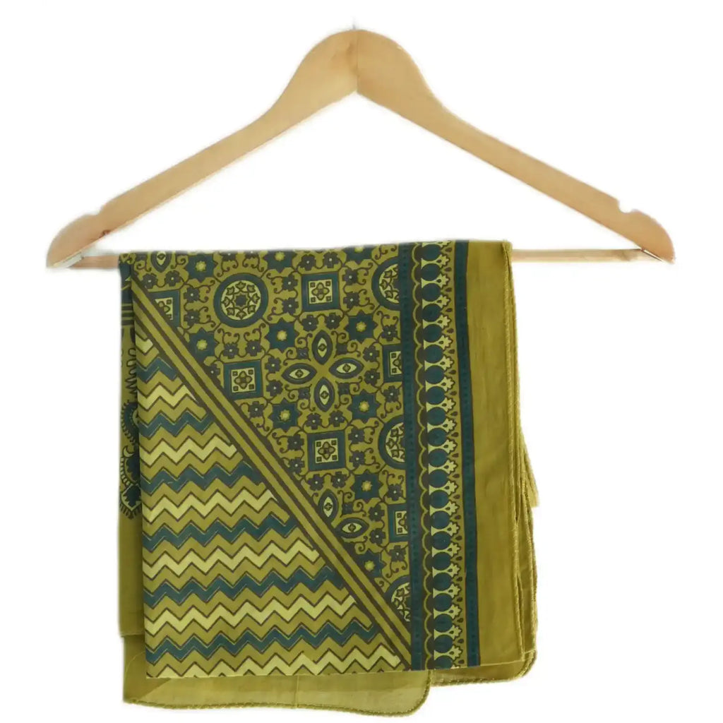 Ajrakh Hand Block Print Green Color Cotton Stole | Traditional Geometric Print | L210 X W55 cm