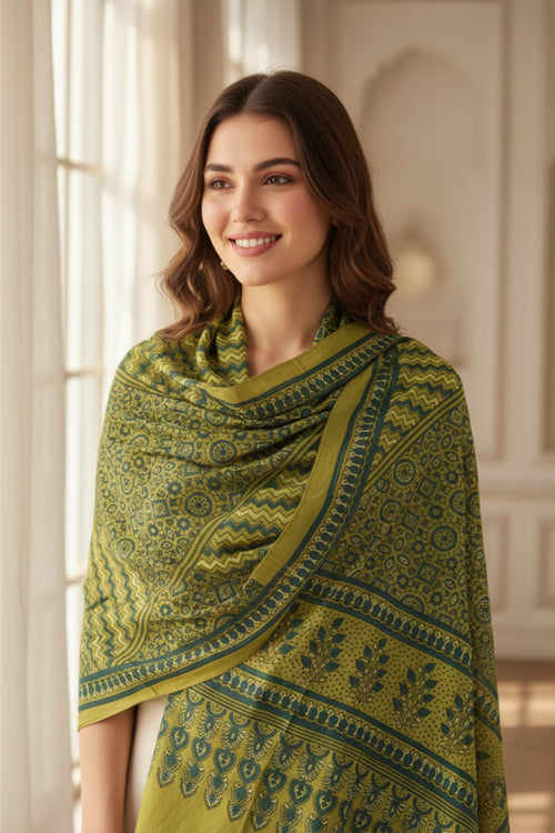Ajrakh Hand Block Print Green Color Cotton Stole | Traditional Geometric Print | L210 X W55 cm