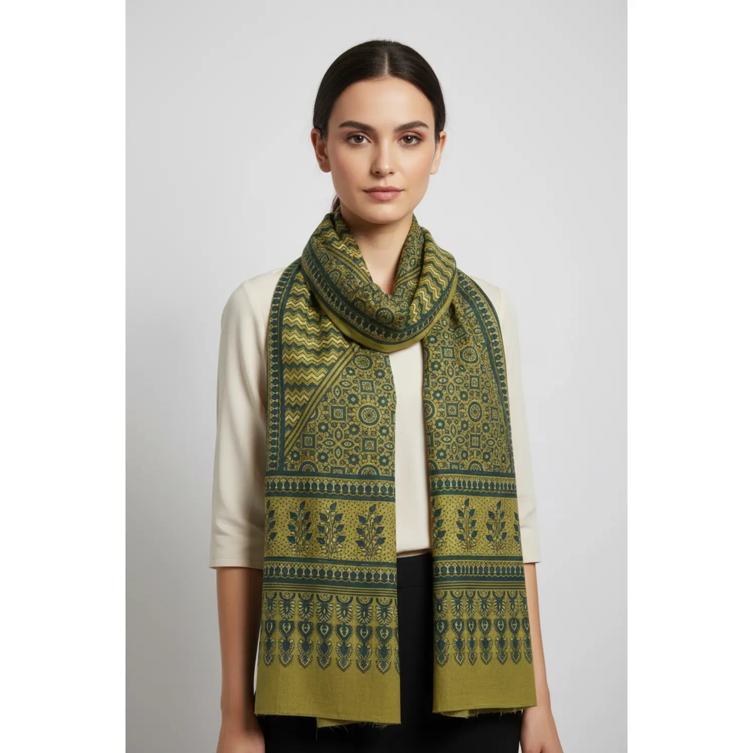 Ajrakh Hand Block Print Green Color Cotton Stole | Traditional Geometric Print | L210 X W55 cm