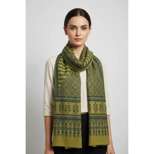 Ajrakh Hand Block Print Green Color Cotton Stole | Traditional Geometric Print | L210 X W55 cm