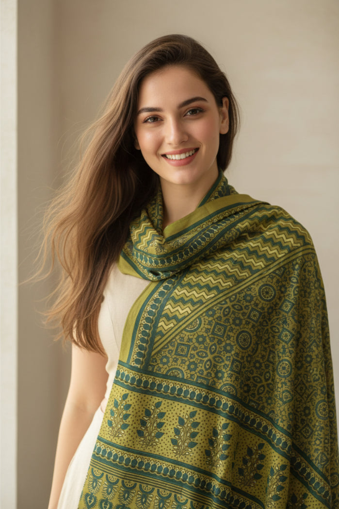Ajrakh Hand Block Print Green Color Cotton Stole | Traditional Geometric Print | L210 X W55 cm