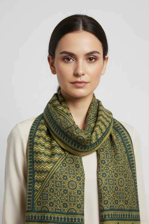 Ajrakh Hand Block Print Green Color Cotton Stole | Traditional Geometric Print | L210 X W55 cm