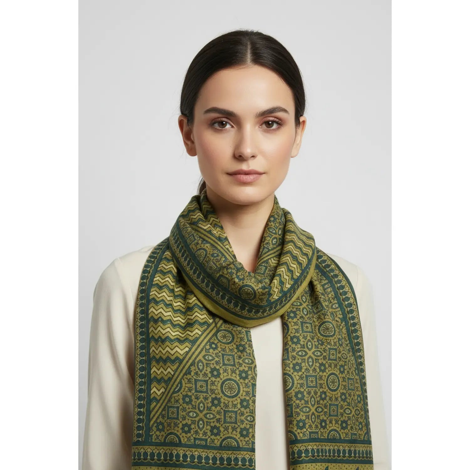 Ajrakh Hand Block Print Green Color Cotton Stole | Traditional Geometric Print | L210 X W55 cm