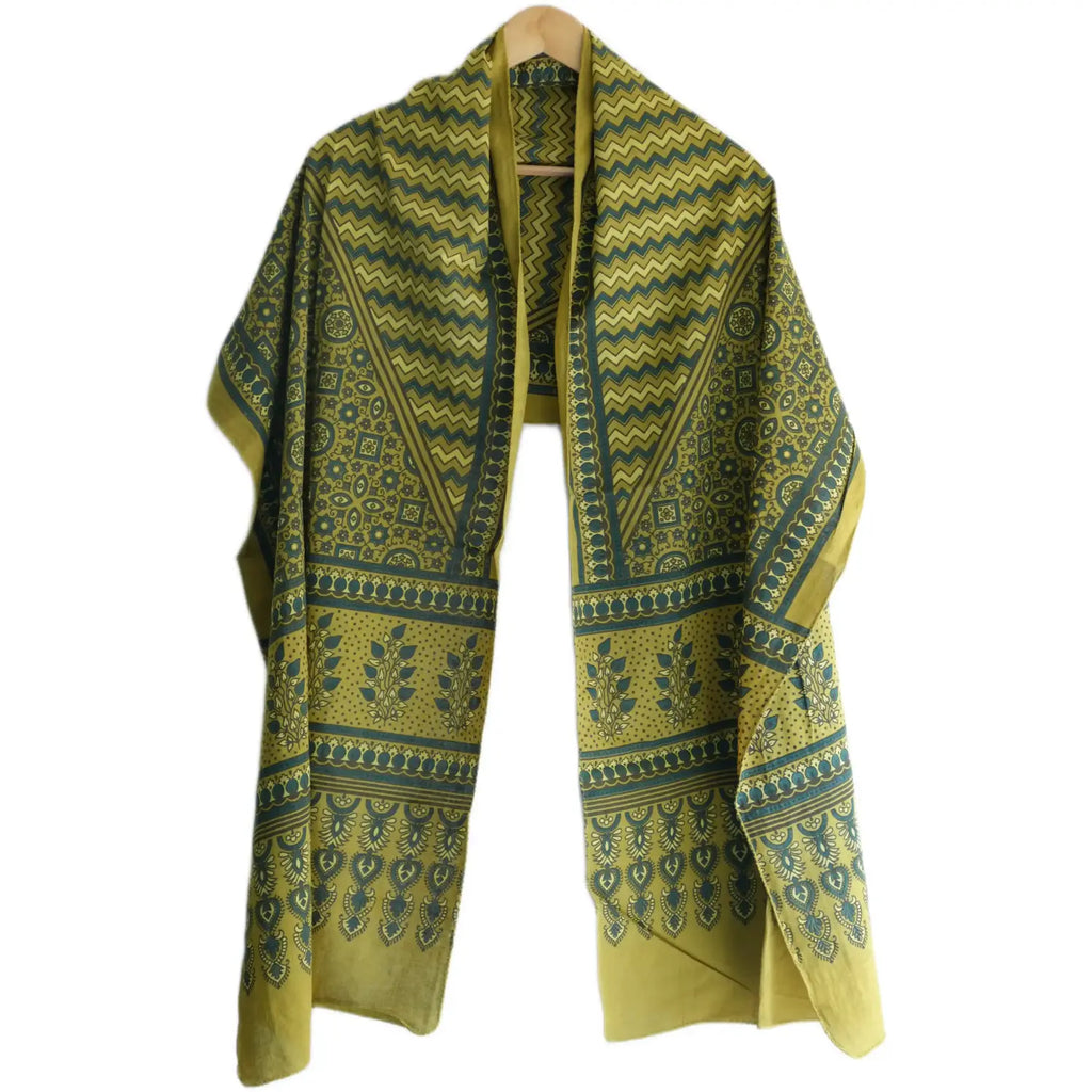 Ajrakh Hand Block Print Green Color Cotton Stole | Traditional Geometric Print | L210 X W55 cm