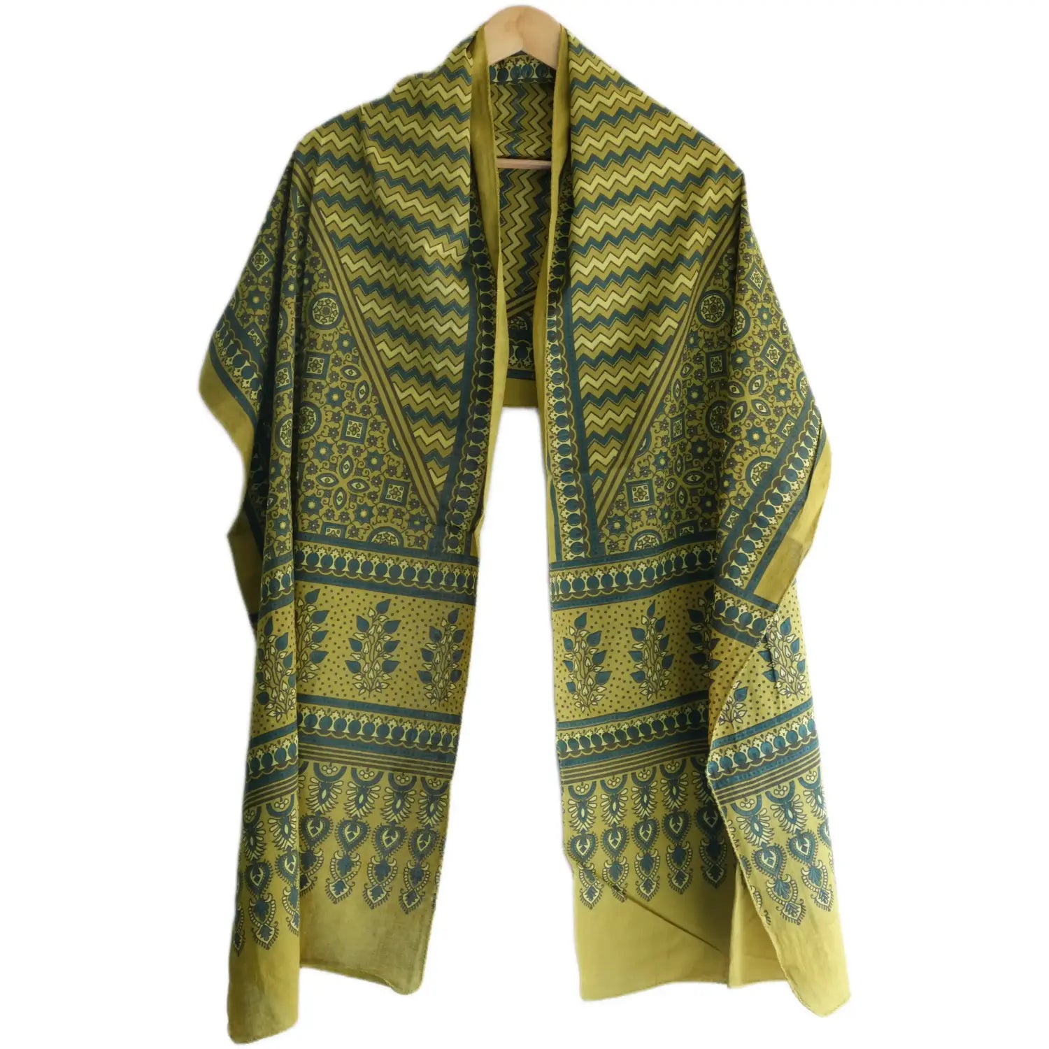 Ajrakh Hand Block Print Green Color Cotton Stole | Traditional Geometric Print | L210 X W55 cm