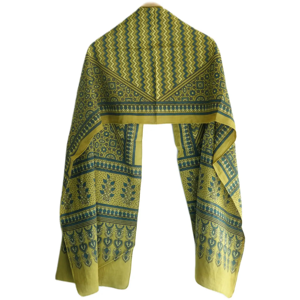 Ajrakh Hand Block Print Green Color Cotton Stole | Traditional Geometric Print | L210 X W55 cm