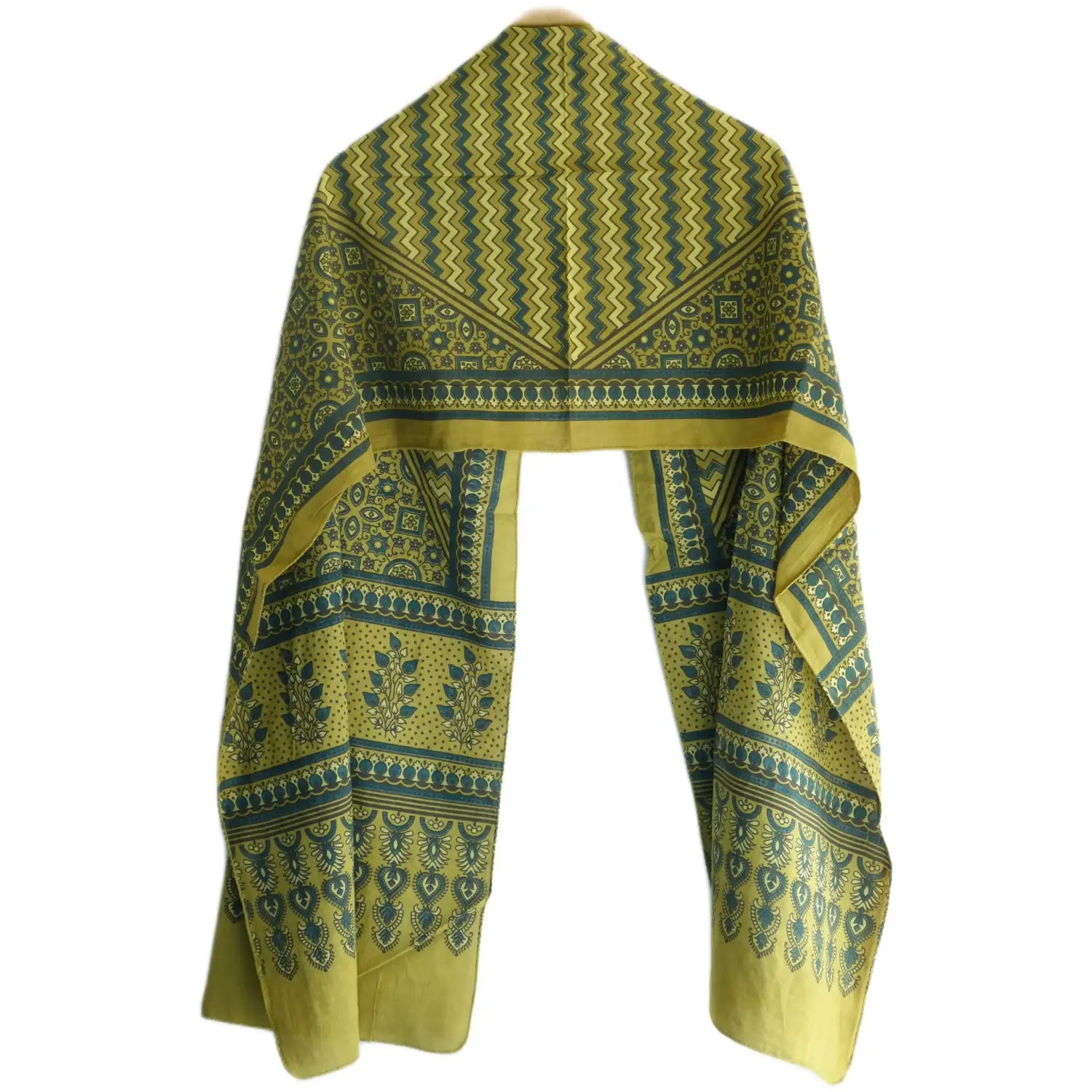 Ajrakh Hand Block Print Green Color Cotton Stole | Traditional Geometric Print | L210 X W55 cm