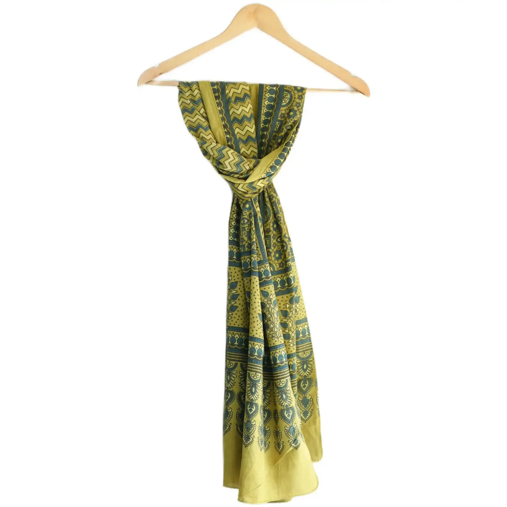Ajrakh Hand Block Print Green Color Cotton Stole | Traditional Geometric Print | L210 X W55 cm