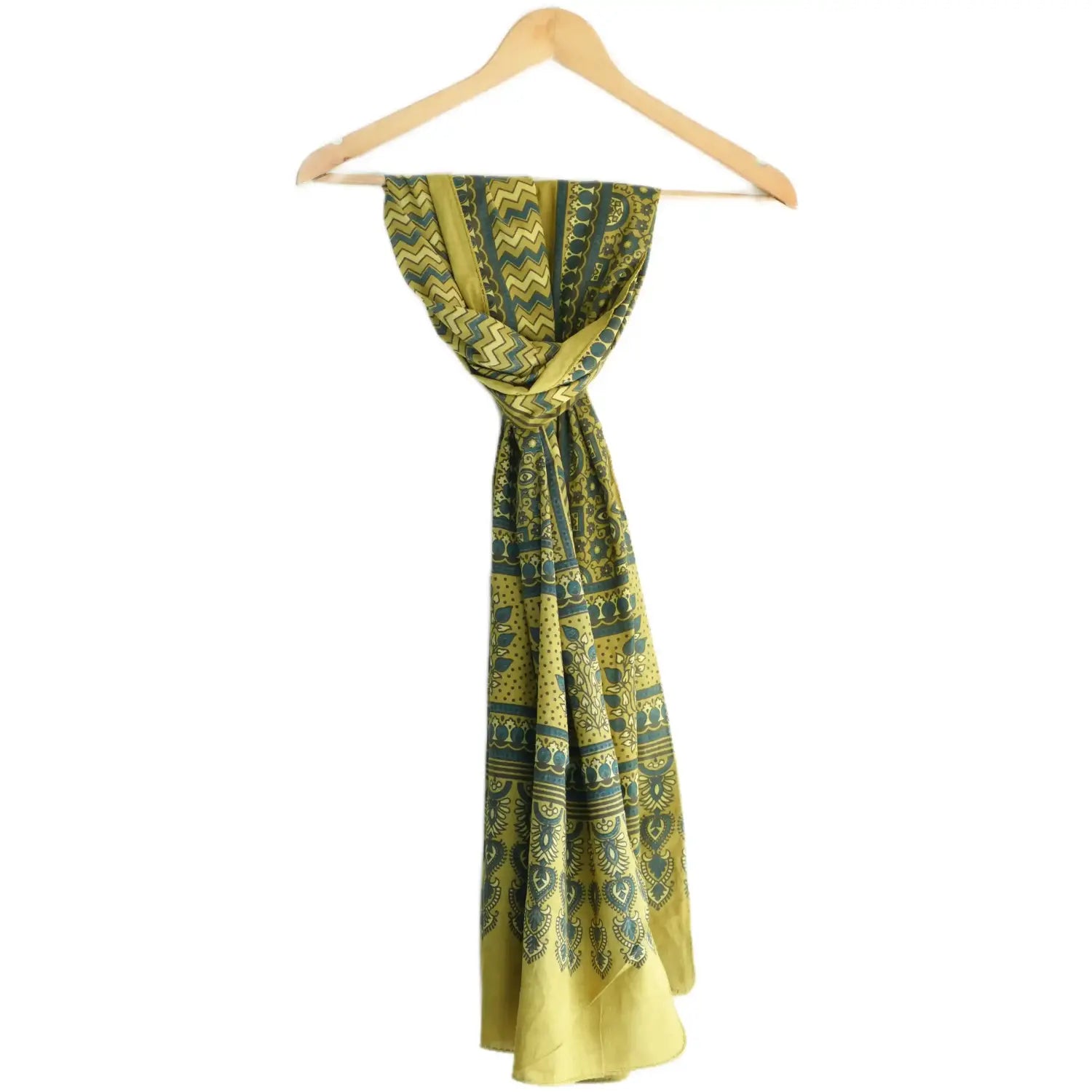 Ajrakh Hand Block Print Green Color Cotton Stole | Traditional Geometric Print | L210 X W55 cm