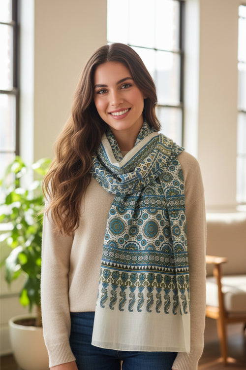 Ajrakh Hand Block Print Grey Color Cotton Stole | Traditional Geometric Print | L210 X W55 cm
