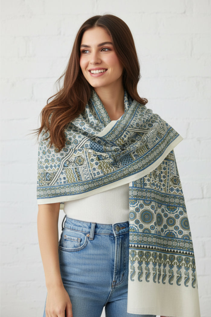 Ajrakh Hand Block Print Grey Color Cotton Stole | Traditional Geometric Print | L210 X W55 cm
