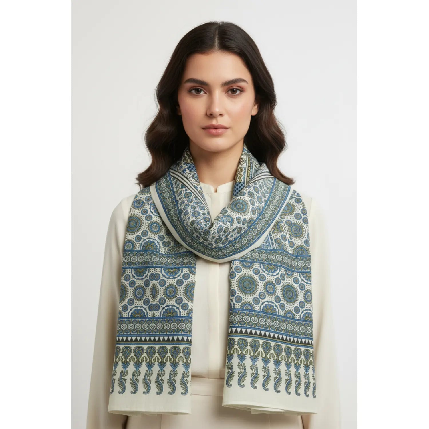 Ajrakh Hand Block Print Grey Color Cotton Stole | Traditional Geometric Print | L210 X W55 cm