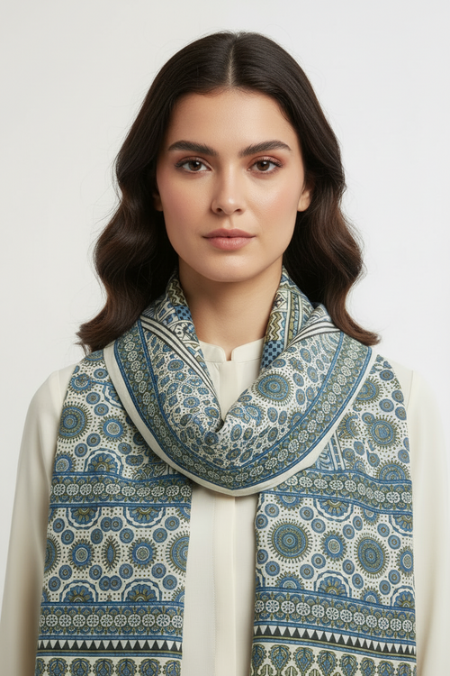 Ajrakh Hand Block Print Grey Color Cotton Stole | Traditional Geometric Print | L210 X W55 cm