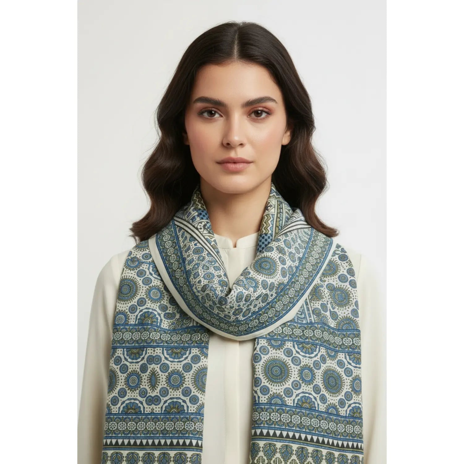 Ajrakh Hand Block Print Grey Color Cotton Stole | Traditional Geometric Print | L210 X W55 cm
