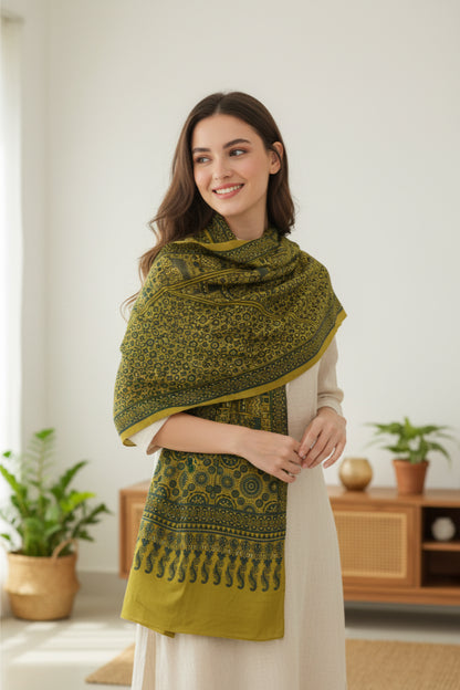 Ajrakh Hand Block Print Green Color Cotton Stole | Traditional Geometric Print | L210 X W55 cm