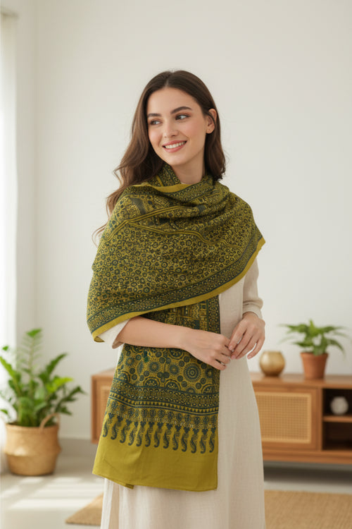 Ajrakh Hand Block Print Green Color Cotton Stole | Traditional Geometric Print | L210 X W55 cm