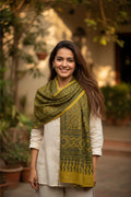 Ajrakh Hand Block Print Green Color Cotton Stole | Traditional Geometric Print | L210 X W55 cm