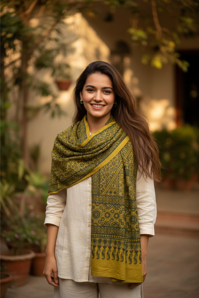 Ajrakh Hand Block Print Green Color Cotton Stole | Traditional Geometric Print | L210 X W55 cm