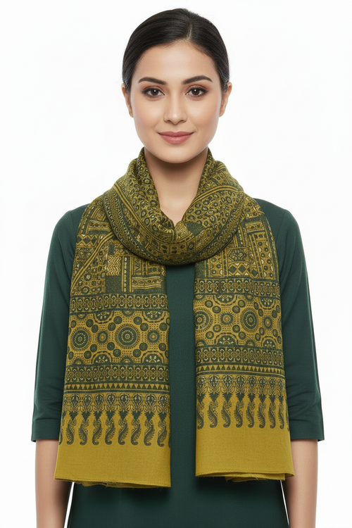 Ajrakh Hand Block Print Green Color Cotton Stole | Traditional Geometric Print | L210 X W55 cm