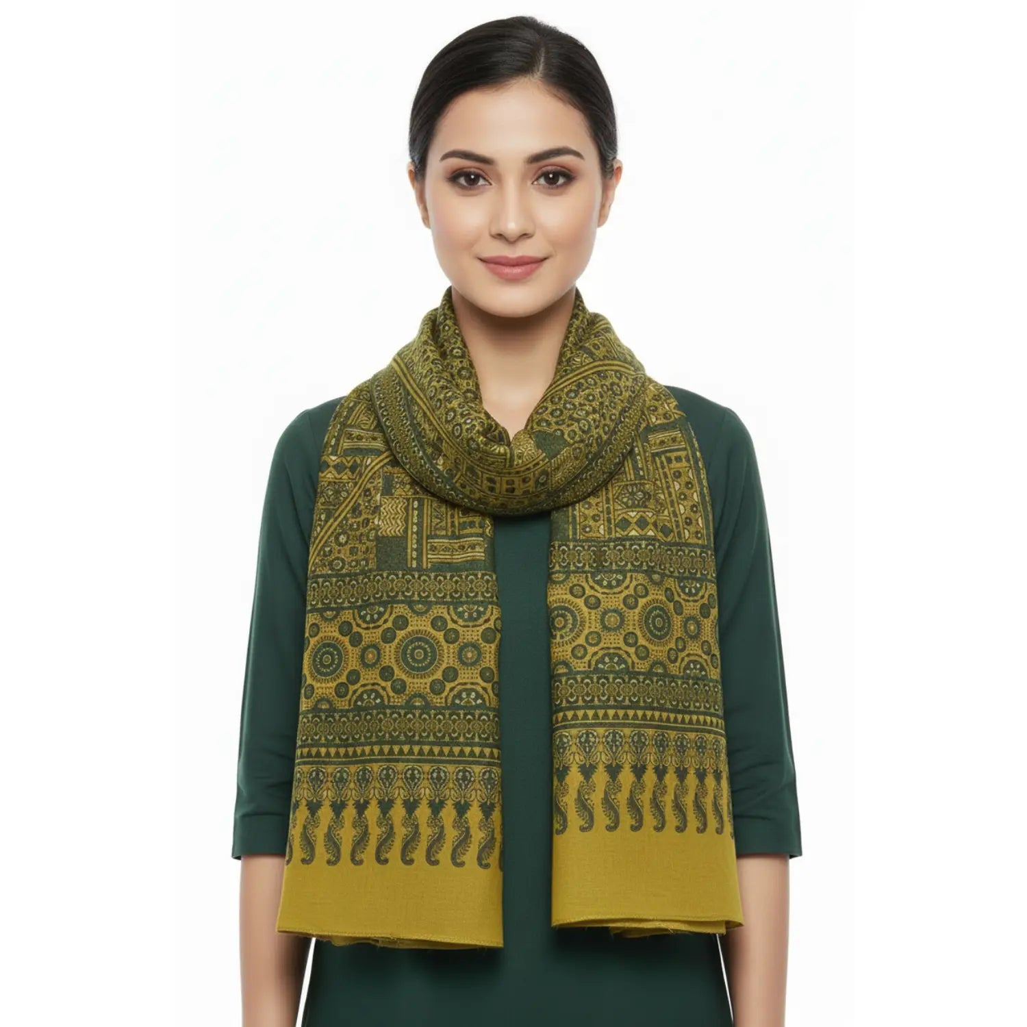 Ajrakh Hand Block Print Green Color Cotton Stole | Traditional Geometric Print | L210 X W55 cm