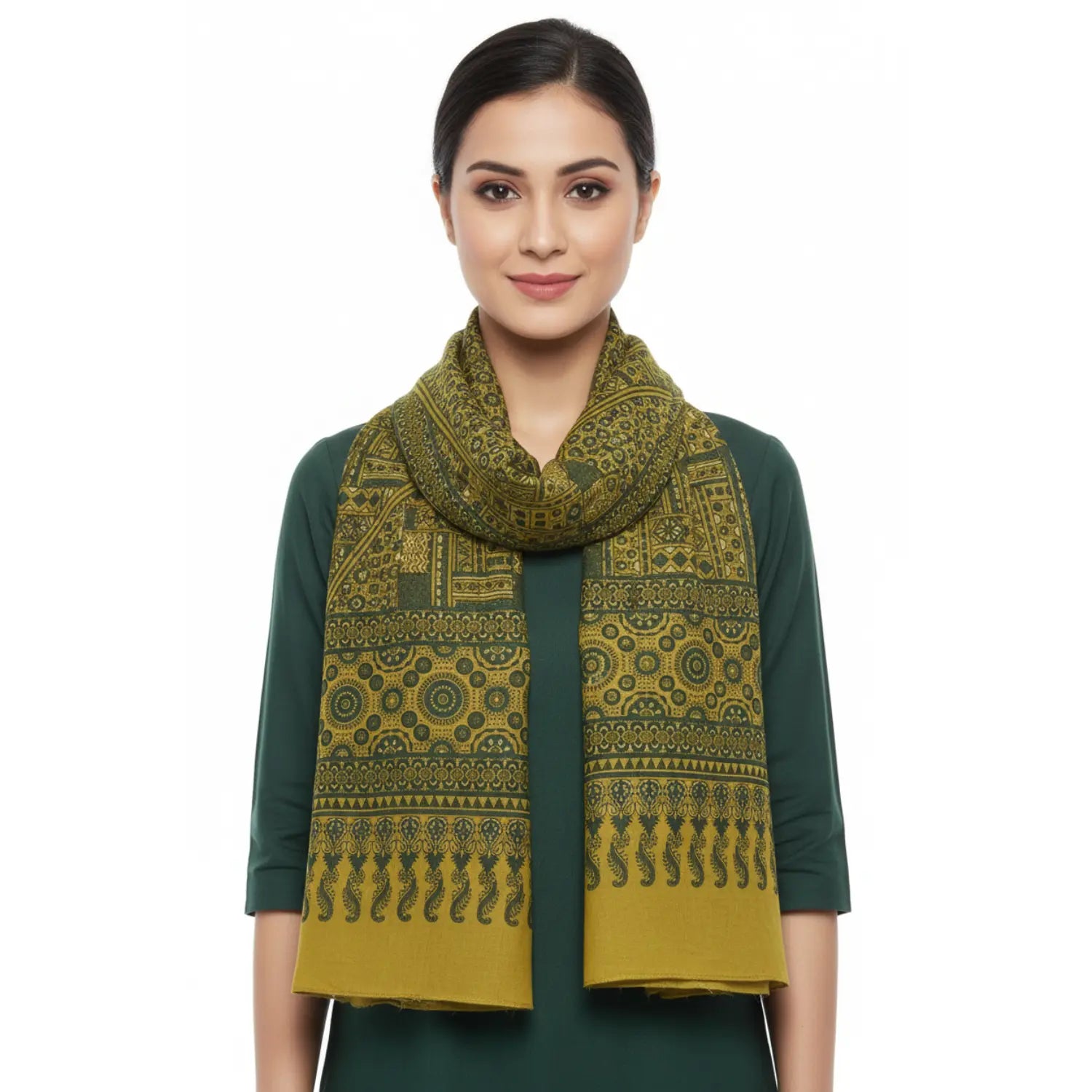 Ajrakh Hand Block Print Green Color Cotton Stole | Traditional Geometric Print | L210 X W55 cm