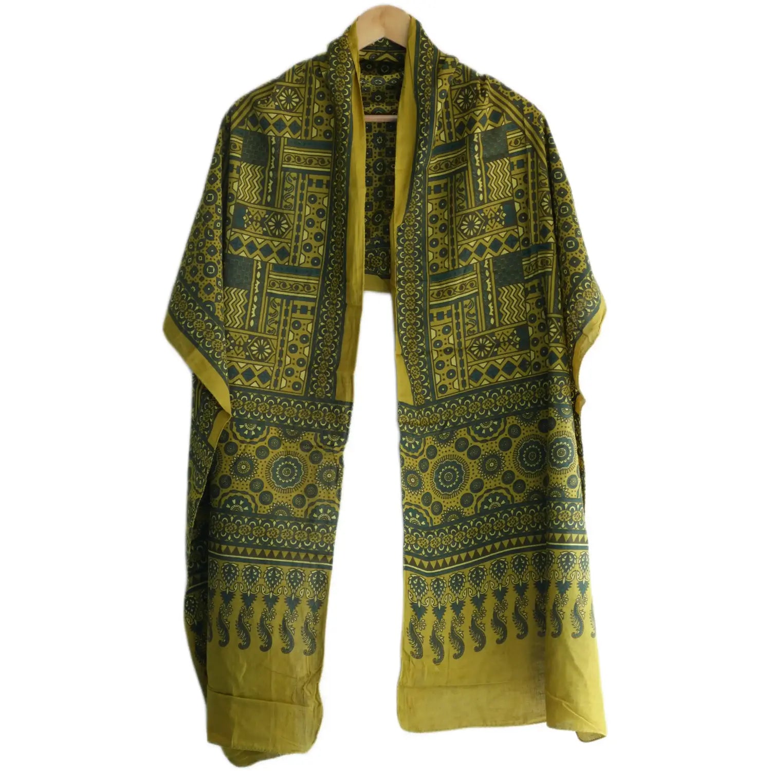 Ajrakh Hand Block Print Green Color Cotton Stole | Traditional Geometric Print | L210 X W55 cm