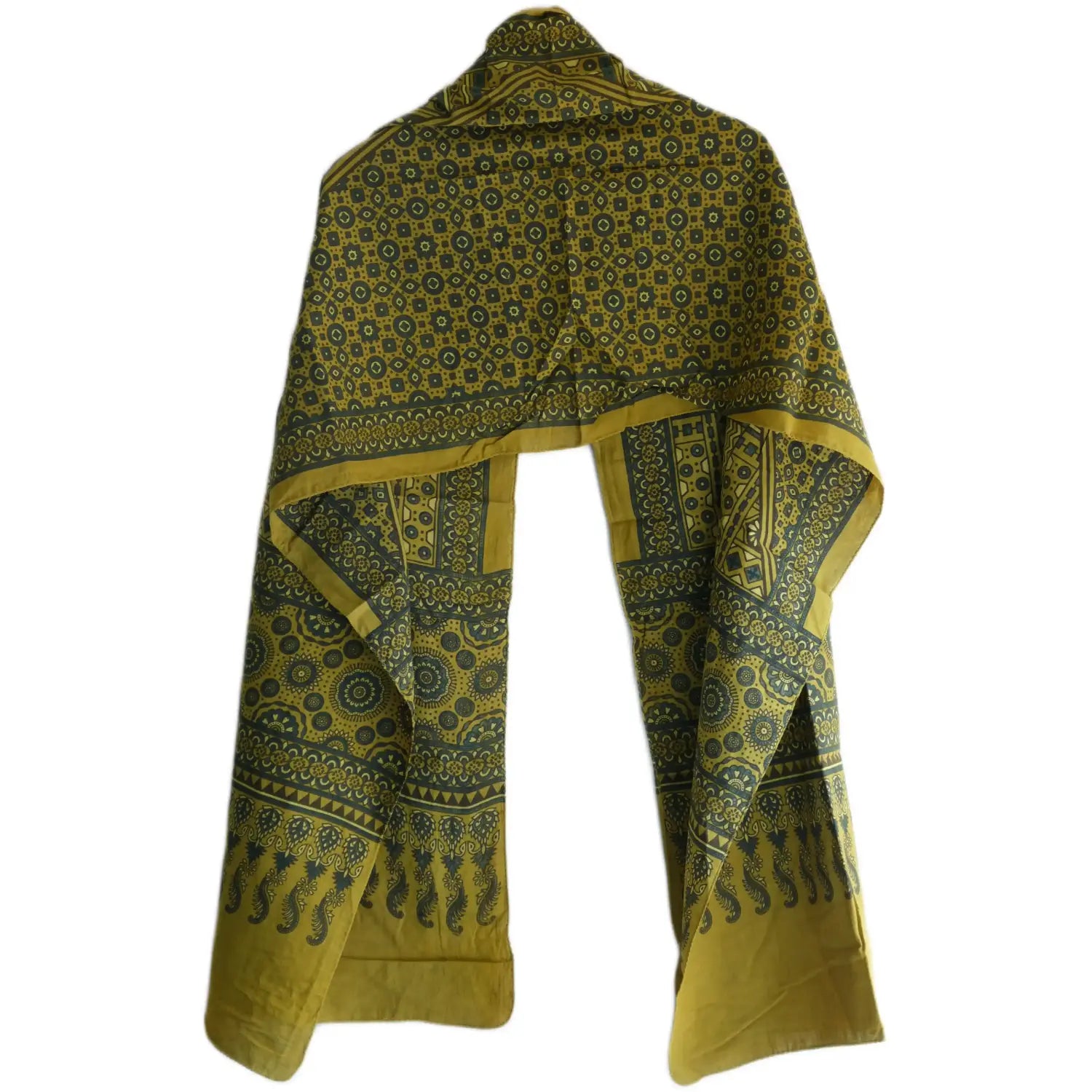 Ajrakh Hand Block Print Green Color Cotton Stole | Traditional Geometric Print | L210 X W55 cm