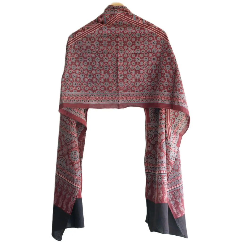 Ajrakh Hand Block Print Maroon Color Cotton Stole | Traditional Geometric Print | L210 X W55 cm
