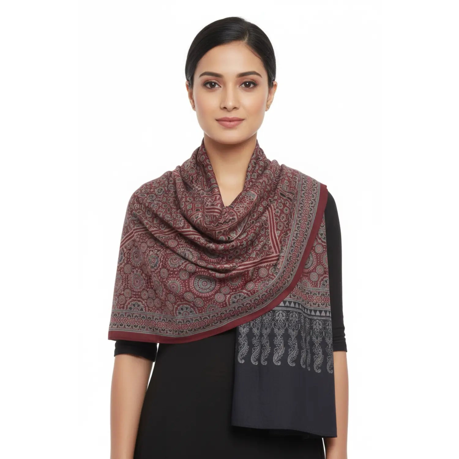Ajrakh Hand Block Print Maroon Color Cotton Stole | Traditional Geometric Print | L210 X W55 cm