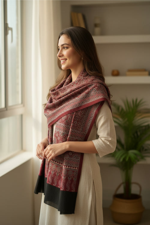 Ajrakh Hand Block Print Maroon Color Cotton Stole | Traditional Geometric Print | L210 X W55 cm