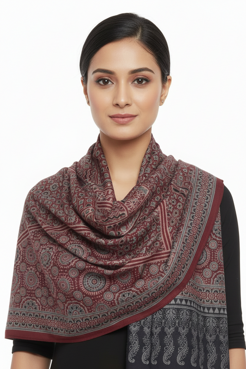 Ajrakh Hand Block Print Maroon Color Cotton Stole | Traditional Geometric Print | L210 X W55 cm