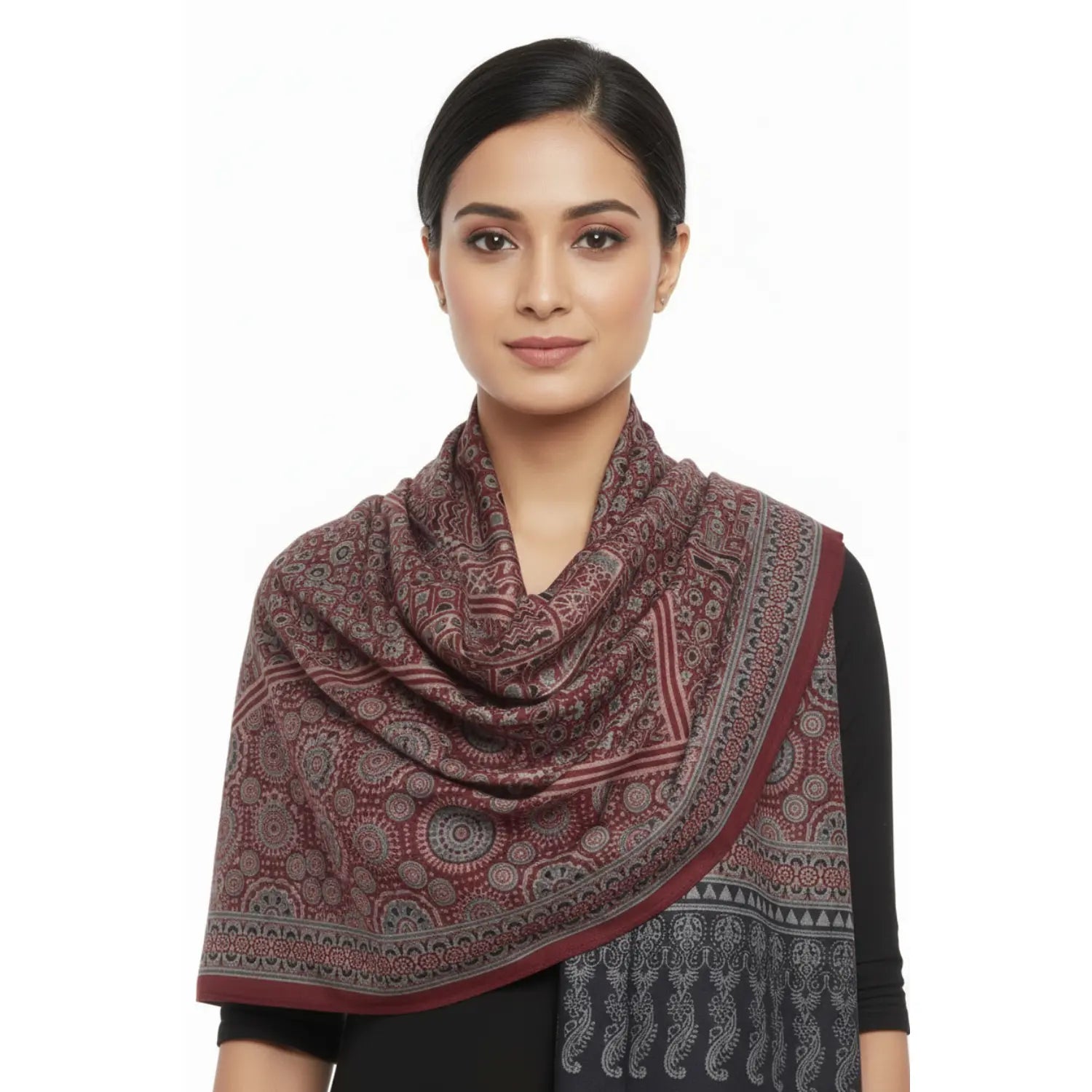 Ajrakh Hand Block Print Maroon Color Cotton Stole | Traditional Geometric Print | L210 X W55 cm