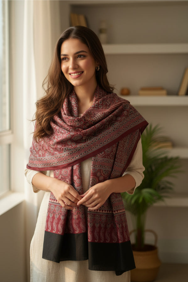 Ajrakh Hand Block Print Maroon Color Cotton Stole | Traditional Geometric Print | L210 X W55 cm