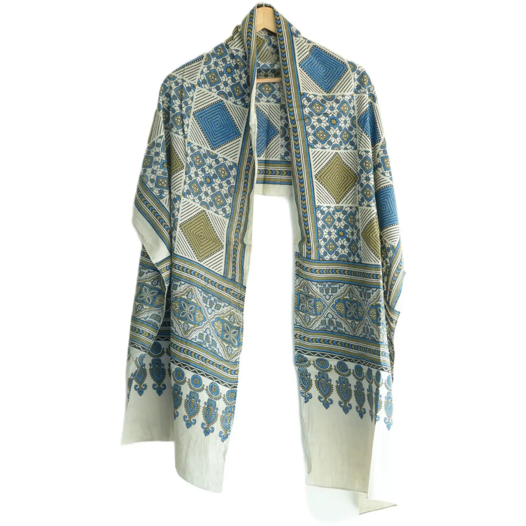 Ajrakh Hand Block Print Off White Color Cotton Stole | Traditional Geometric Print | L210 X W55 cm