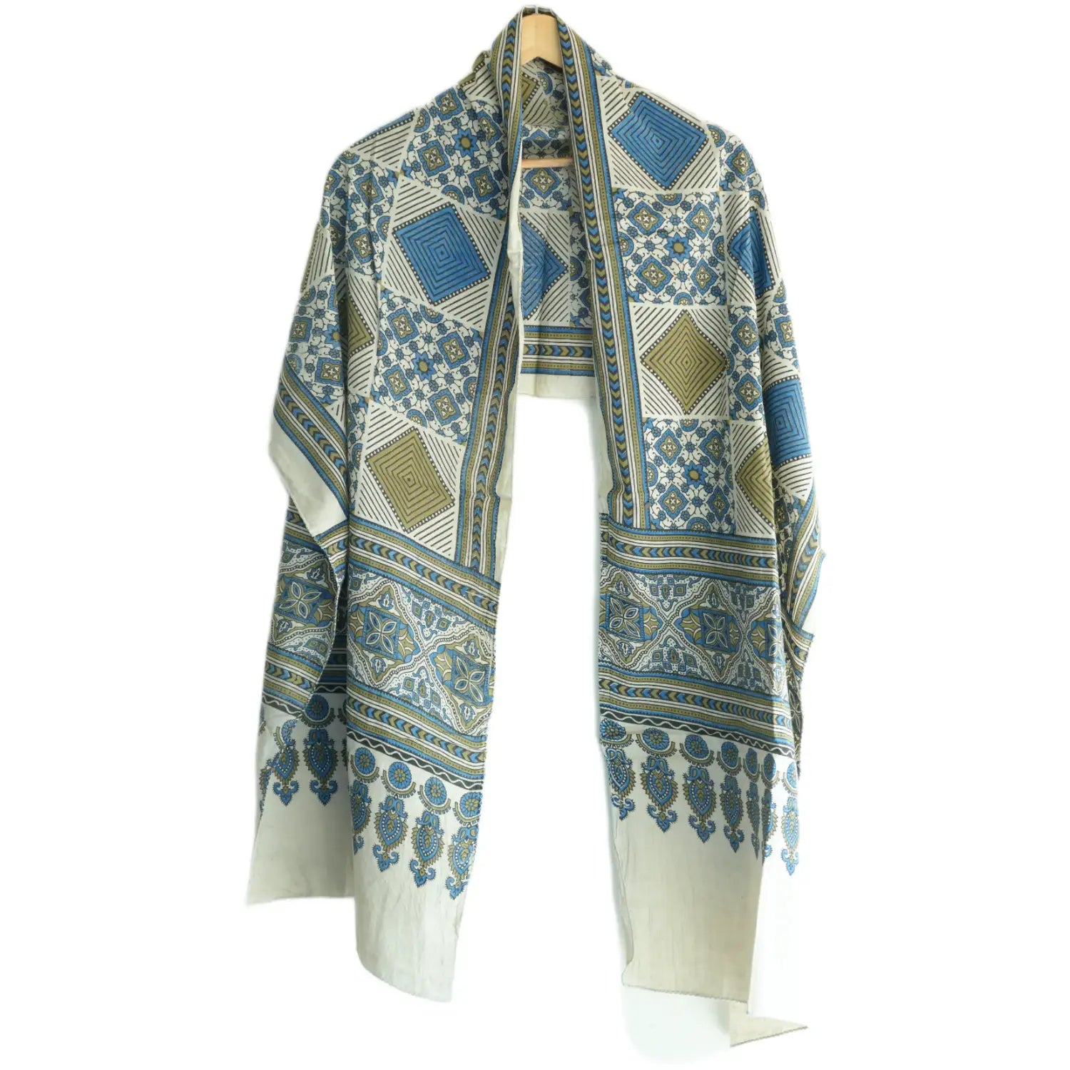 Ajrakh Hand Block Print Off White Color Cotton Stole | Traditional Geometric Print | L210 X W55 cm