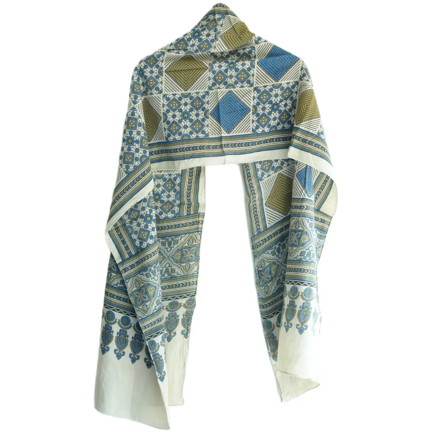 Ajrakh Hand Block Print Off White Color Cotton Stole | Traditional Geometric Print | L210 X W55 cm