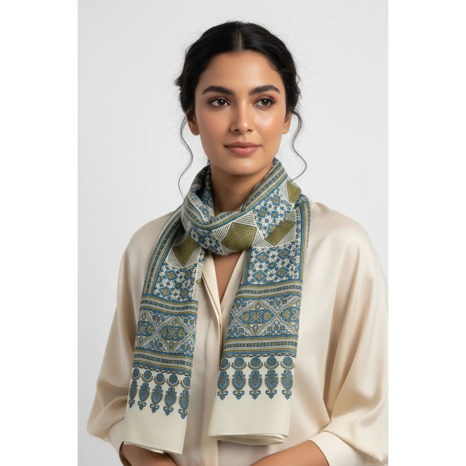 Ajrakh Hand Block Print Off White Color Cotton Stole | Traditional Geometric Print | L210 X W55 cm