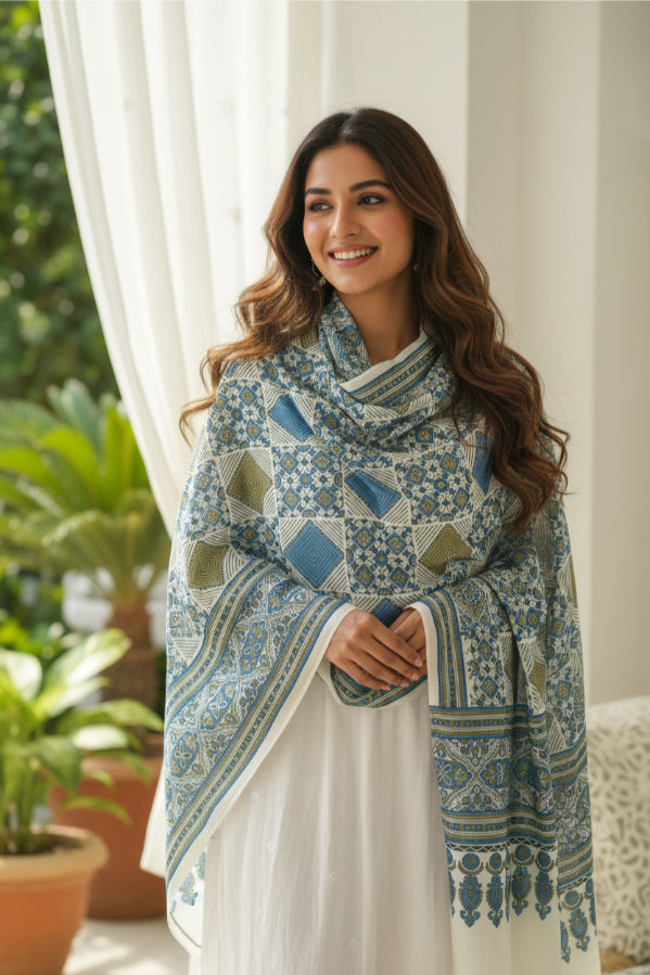Ajrakh Hand Block Print Off White Color Cotton Stole | Traditional Geometric Print | L210 X W55 cm