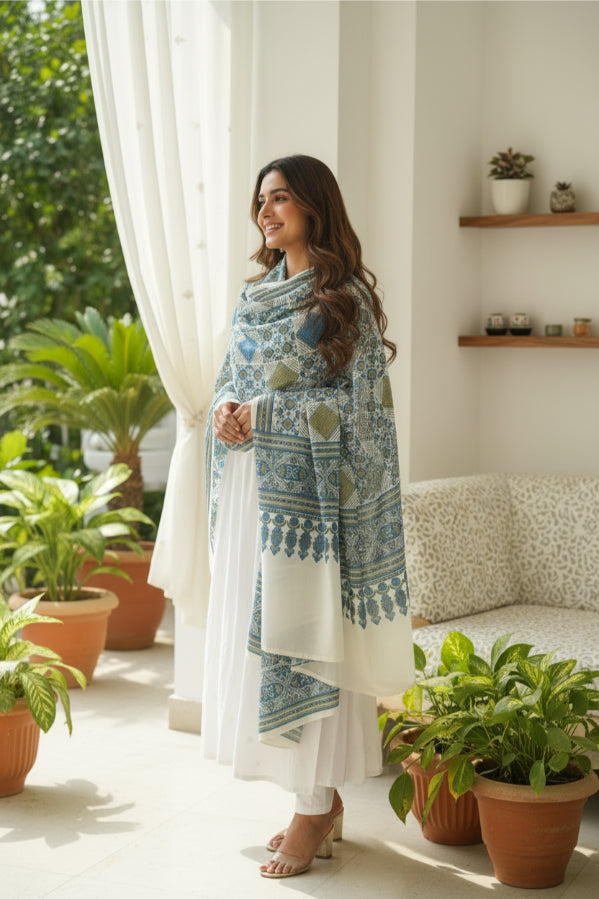 Ajrakh Hand Block Print Off White Color Cotton Stole | Traditional Geometric Print | L210 X W55 cm